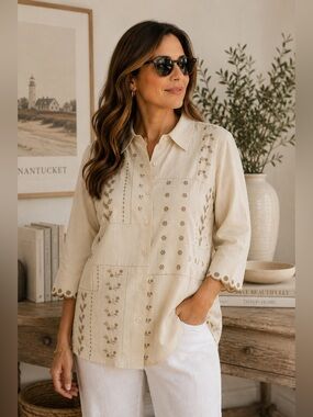 Denim & Co Embroidered Patchwork Button Front Tunic Top 1X Neutral Cottagecore